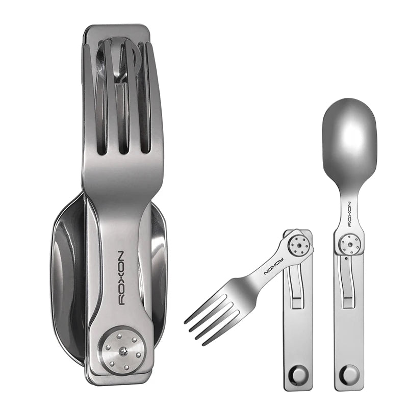 Juego de cubiertos para camping ROXON 3 en 1: cuchillo, tenedor y cuchara de acero inoxidable, portátil y desmontable.