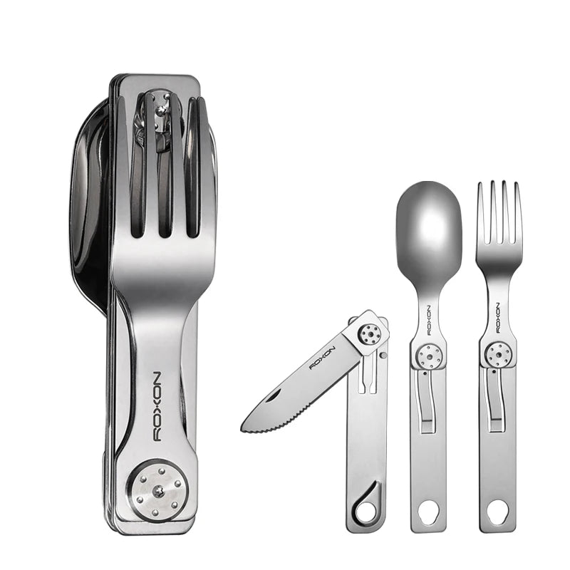 Juego de cubiertos para camping ROXON 3 en 1: cuchillo, tenedor y cuchara de acero inoxidable, portátil y desmontable.