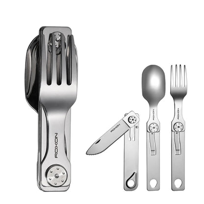 Juego de cubiertos para camping ROXON 3 en 1: cuchillo, tenedor y cuchara de acero inoxidable, portátil y desmontable.