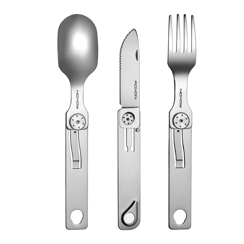 Juego de cubiertos para camping ROXON 3 en 1: cuchillo, tenedor y cuchara de acero inoxidable, portátil y desmontable.