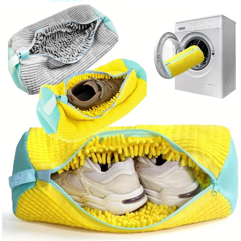 1 bolsa resistente para lavadora de zapatos, apta para todo tipo de calzado (amarilla/gris) con cremallera, ideal para zapatillas deportivas y zapatos casuales.