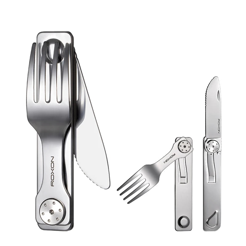 Juego de cubiertos para camping ROXON 3 en 1: cuchillo, tenedor y cuchara de acero inoxidable, portátil y desmontable.