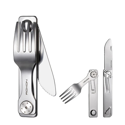 Juego de cubiertos para camping ROXON 3 en 1: cuchillo, tenedor y cuchara de acero inoxidable, portátil y desmontable.