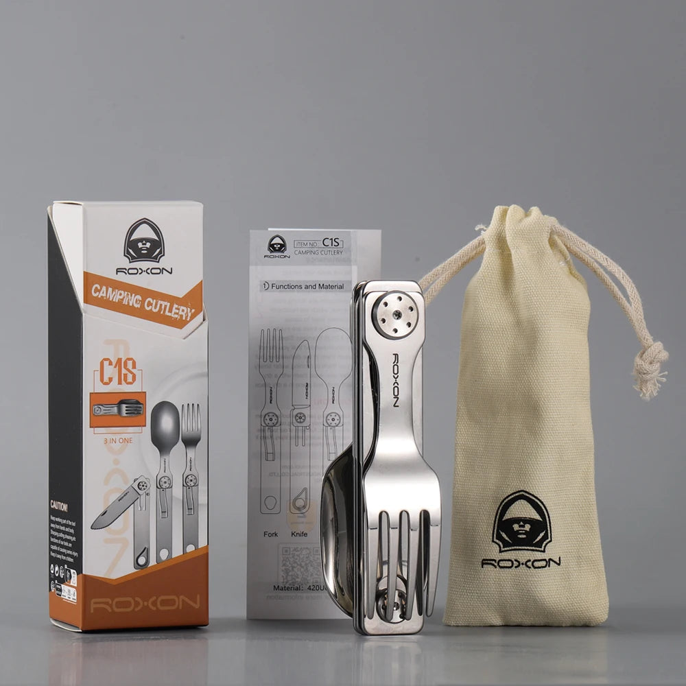 Juego de cubiertos para camping ROXON 3 en 1: cuchillo, tenedor y cuchara de acero inoxidable, portátil y desmontable.
