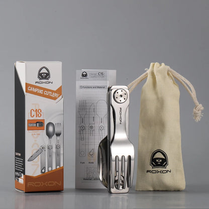 Juego de cubiertos para camping ROXON 3 en 1: cuchillo, tenedor y cuchara de acero inoxidable, portátil y desmontable.
